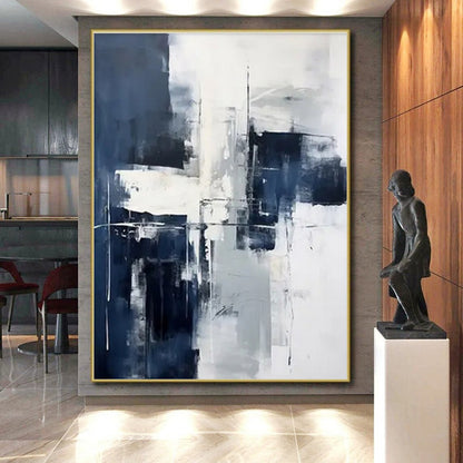 Hand Painted Art Navy, White, and Gray Abstract Composition HS591