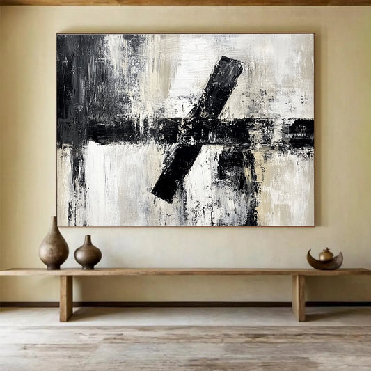 Oversized Canvas Art in Black, White, and Gray Textured Geometric Abstract Style WB260