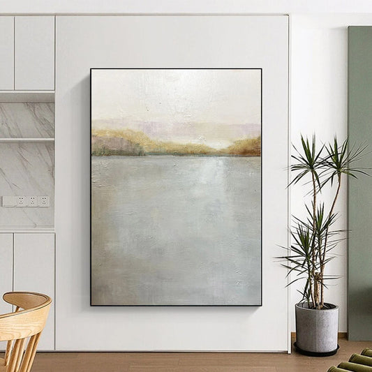 Hand Painted Art Gray and Beige Abstract Lakeside Painting For Sale HS082