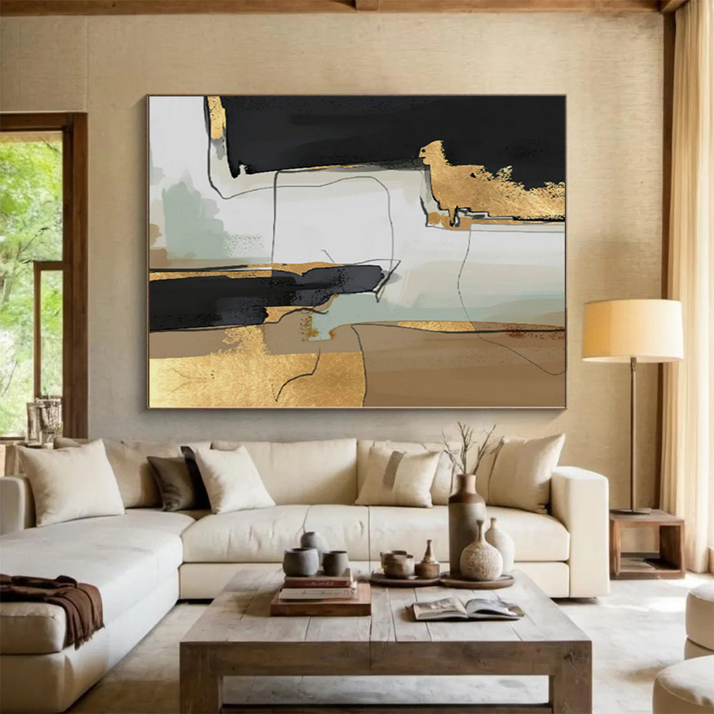 Hand Painting Black, Gold, and Beige Abstract Textured Painting For Sale HS088