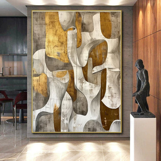Unique Abstract Art Gray & Gold Organic Shapes, Acrylic Modern Art Painting HS204