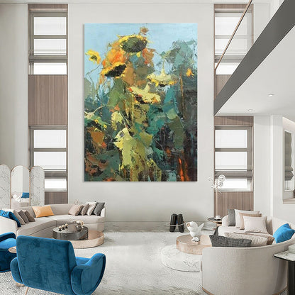 Yellow, Orange, and Green Abstract Sunflower Painting For Sale Online WS484