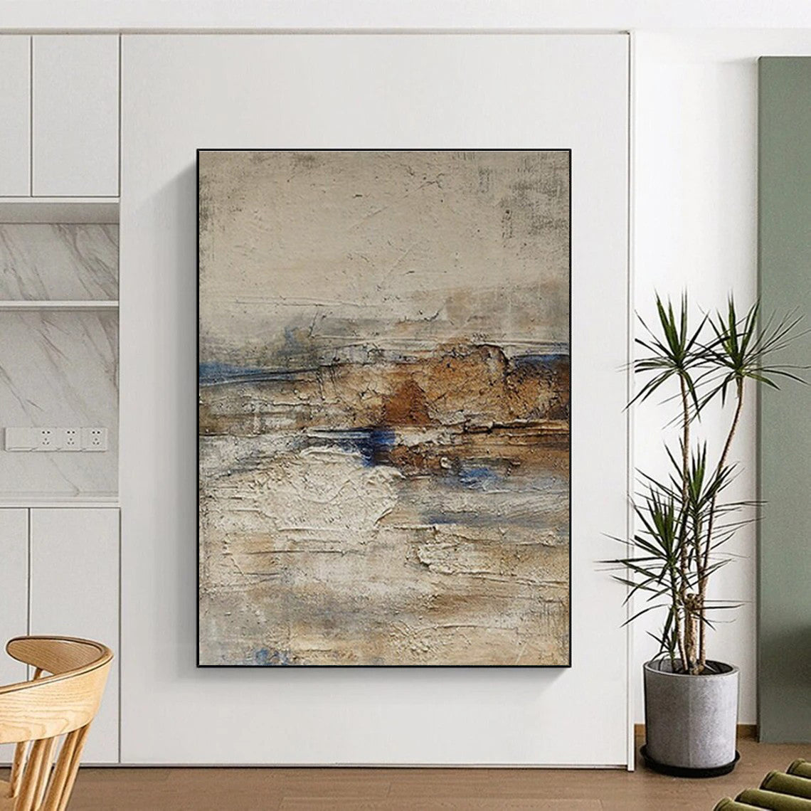 Handmade Art Beige, Brown, and Blue Textured Abstract Landscape HS630