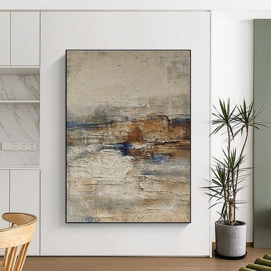 Handmade Art Beige, Brown, and Blue Textured Abstract Landscape HS630