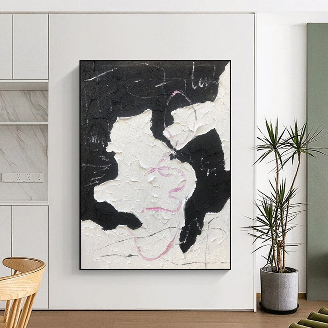 Unique Abstract Art Textured Black, White, and Pink Abstract Painting HS582