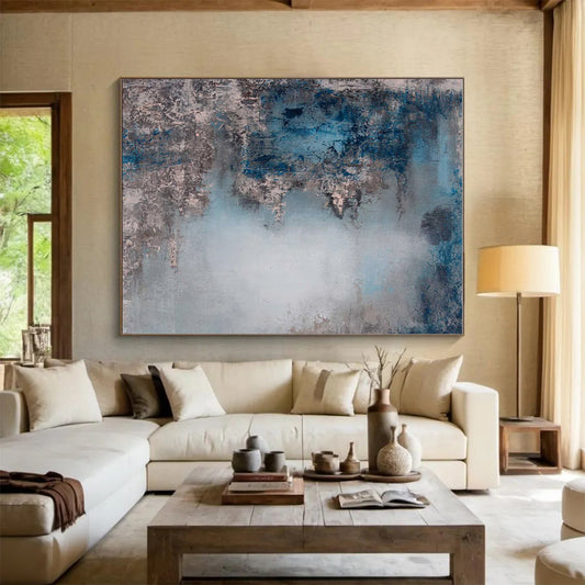 Unique Abstract Art Blue & Gray Textured Abstract, Large Contemporary Wall Art HS282