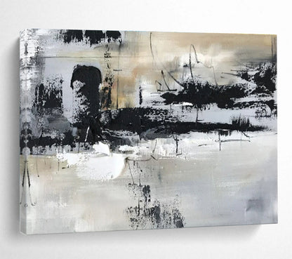 Hand Painted Art: Black White and Beige Textured Abstract Painting WB356