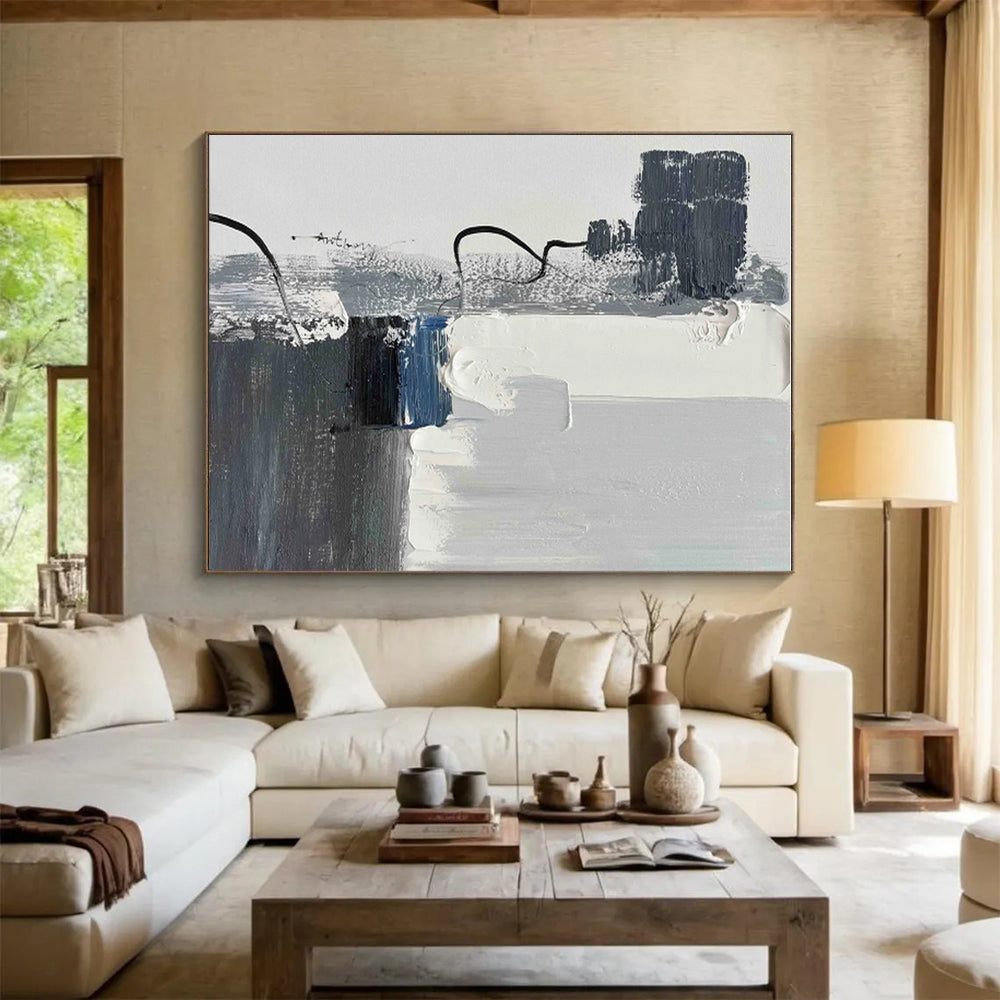 Minimalist Canvas Art with Gray, White, Black and Blue Colors, Abstract Geometric Theme HS465