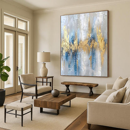 Large Painting In Living Room Blue, Gold, and Gray Textured Abstract Art HS655