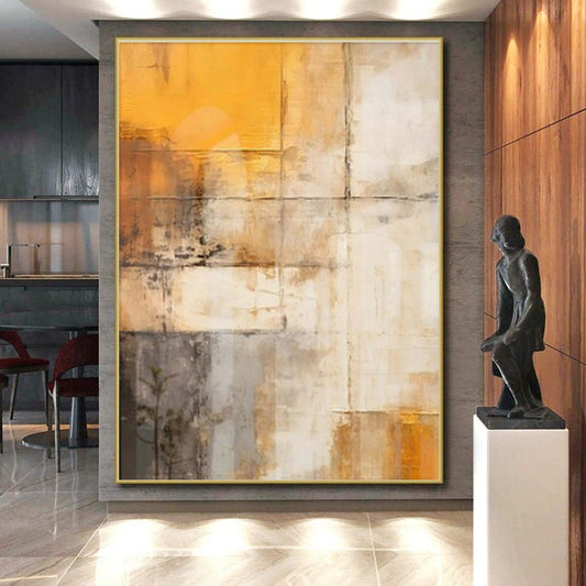 Large Painting In Living Room Orange, Beige, and Gray Textured Abstract Art HS670