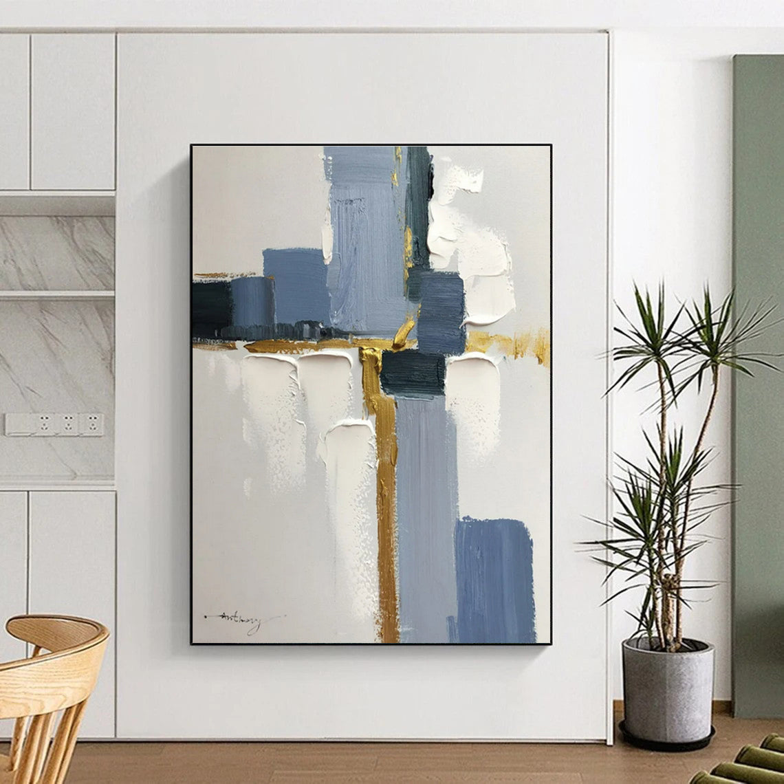 Hand Painted Art Geometric Blues, Whites, and Gold Abstract Art HS588