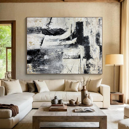 Large Contemporary Wall Art Black, White, and Gold Textured Abstract Art HS725