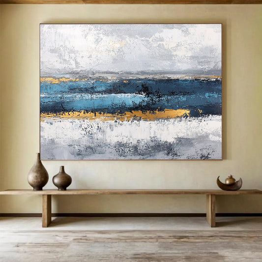 Horizontal Blue, Gray, and Gold Textured Abstract Art WB265