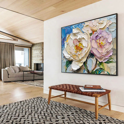 Hand Paintings with Cream, Pink and Blue Colors, Peony Flower Theme Abstract Art WB322