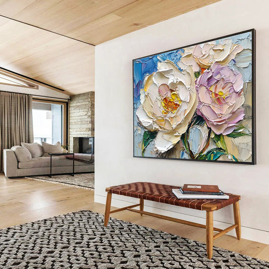 Hand Paintings with Cream, Pink and Blue Colors, Peony Flower Theme Abstract Art WB322