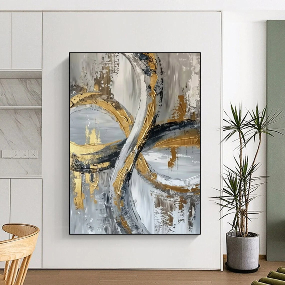 Unique Abstract Art Gold, Gray, and Black Circular Abstract Art HS734