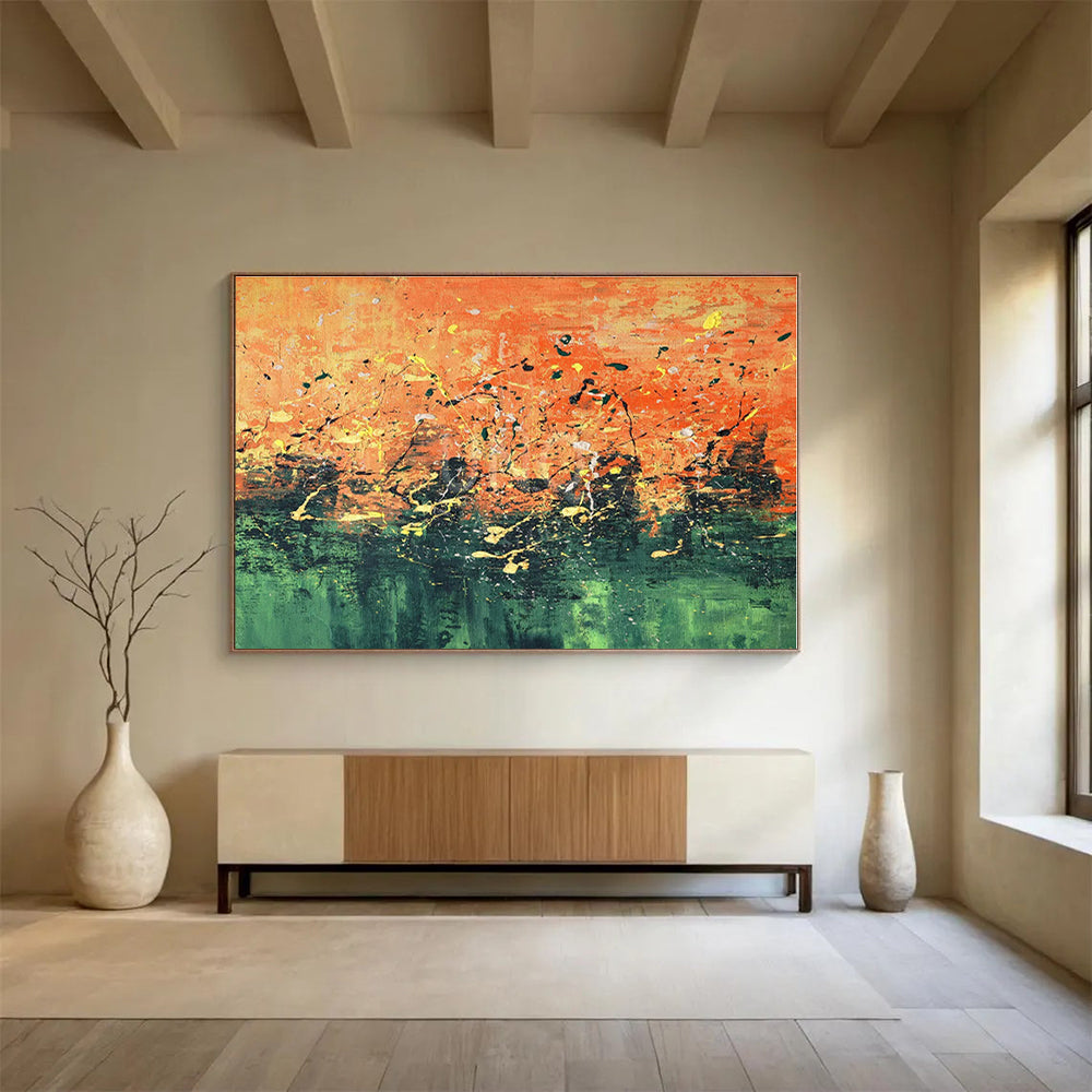 Oversized Canvas Art Orange and Green Abstract Splatter Painting WB053