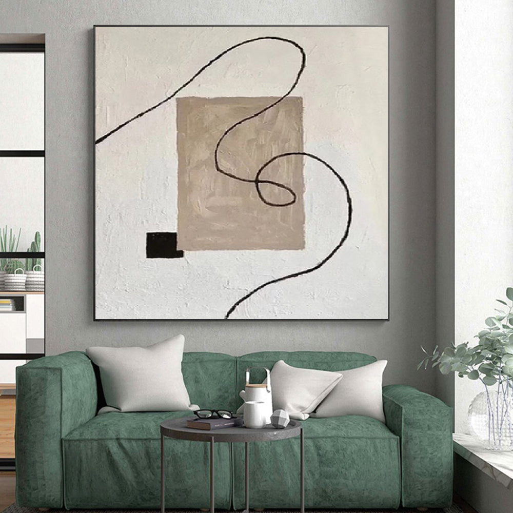 Hand-Painted Beige, Black, and White Abstract Line and Shape Painting For Sale HS064