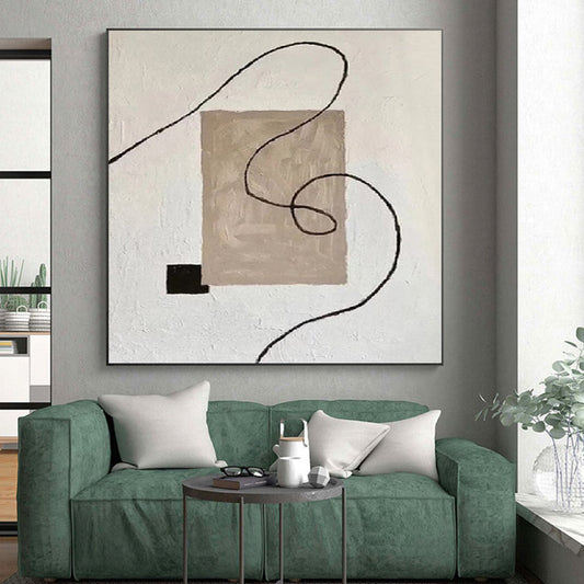 Hand-Painted Beige, Black, and White Abstract Line and Shape Painting For Sale HS064