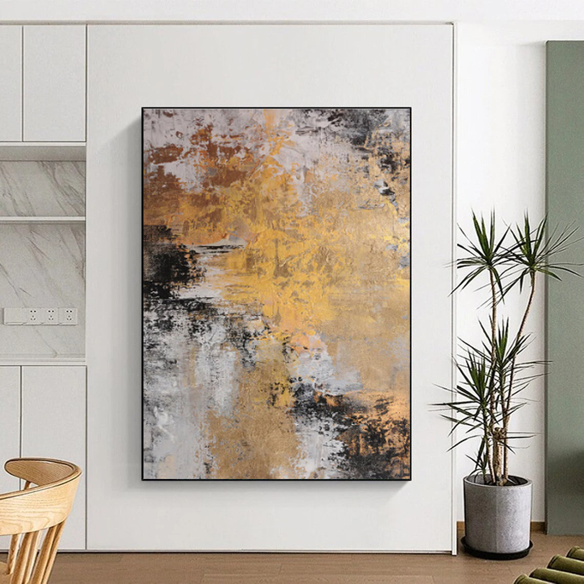 Unique Abstract Art Gold, Gray & Black Textured Abstract, Large Contemporary Wall Art HS280