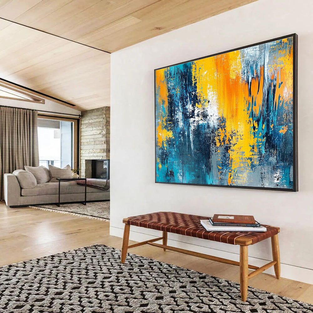 Big Size Blue, Orange, Yellow, and Gray Textured Abstract Art WB267