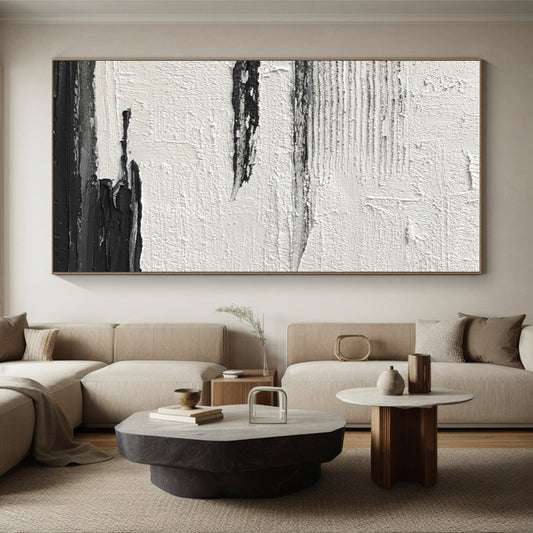 Minimalist Canvas Art Black & White Textured Abstract, Handmade Art HS268