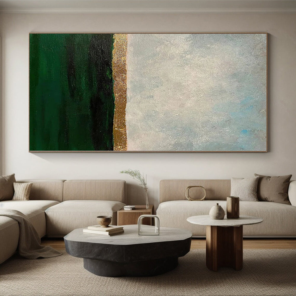 Hand-Painted Green, Gold, and Gray Abstract Landscape Painting For Sale HS045