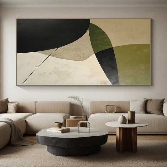 Handmade Art Green, Black, and Beige Geometric Abstract Art HS188