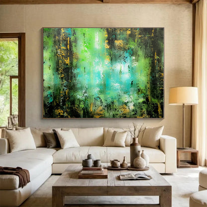 Horizontal Green and Turquoise Abstract Forest Scene, Abstract Acrylic Painting WB161