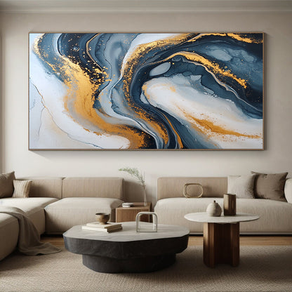 Modern Art Acrylic Black, White, and Gold Abstract Marble Painting For Sale HS114