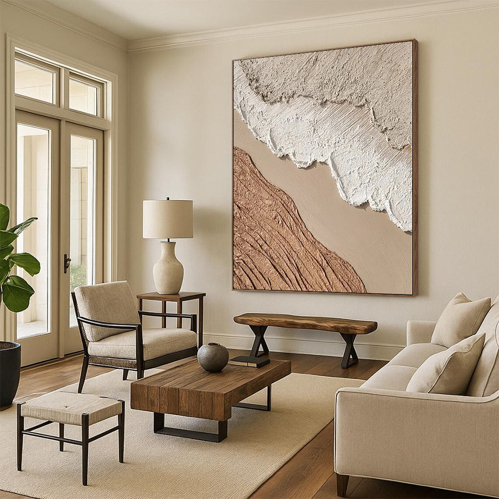 Hand-Painted Beige, Brown, and White Textured Layered Abstract Painting For Sale HS024