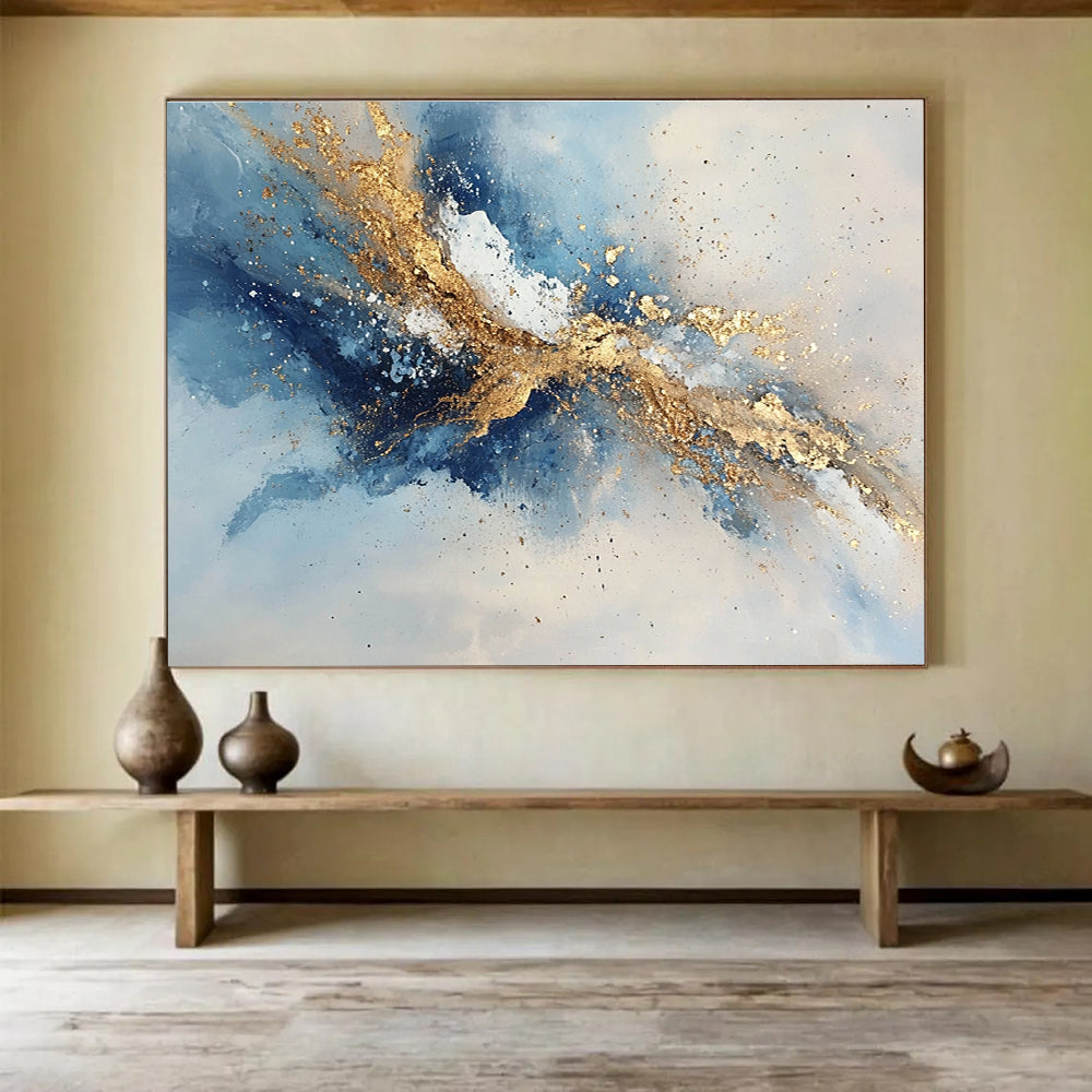 Oversized Canvas Art in Blue, Gold, and White Textured Abstract Style WB264