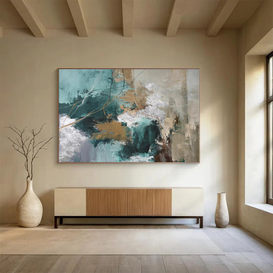 Extra Large Size Teal, Gold and Gray Abstract Textured Painting WB114