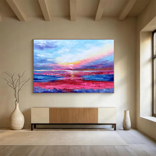 Big Size Pink, Blue and Yellow Abstract Seaside Sunset Painting WB076