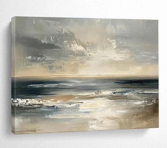 Contemporary Abstract Painting with Gray, Beige, Black and White Colors, Textured Sea Theme WB319