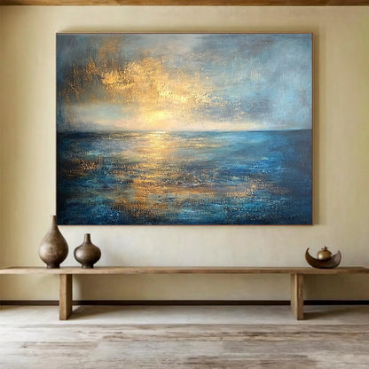 Huge Size Blue, Gold, and Gray Abstract Sunset Over Ocean - Acrylic Painting WB288