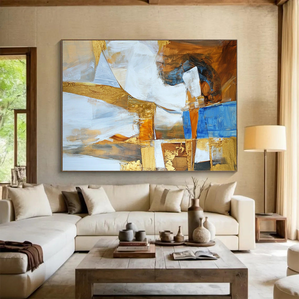 Gaint Canvas Art Multicolor Abstract Shape Painting with Gold Accents For Sale HS162