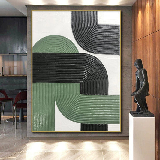 Hand-Painted Green, Black, and White Abstract Curved Line Textured Painting For Sale HS033