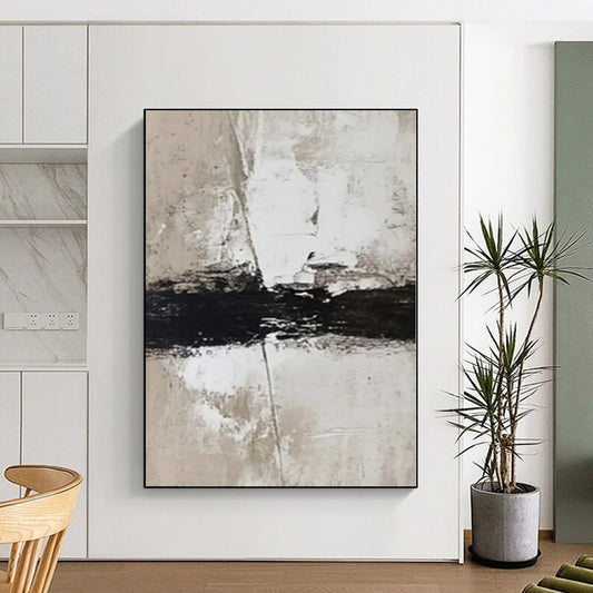 Hand-Painted Black, White, and Beige Minimalist Abstract Painting For Sale HS007
