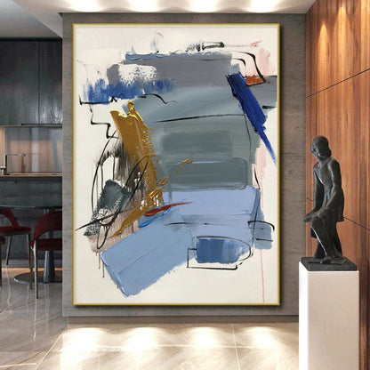 Hand-Painted Art with Blue, Gray, Gold and Red Colors, Abstract Geometric Theme HS471