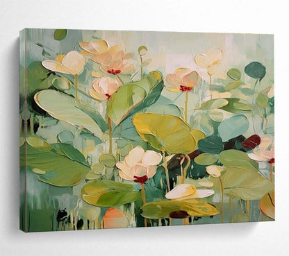 Hand Painted Art Soft Green and Beige Lotus Flowers Abstract Painting WB332