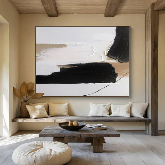 Modern Art Abstract Paintings: Black White and Beige Textured Abstract Painting WB355