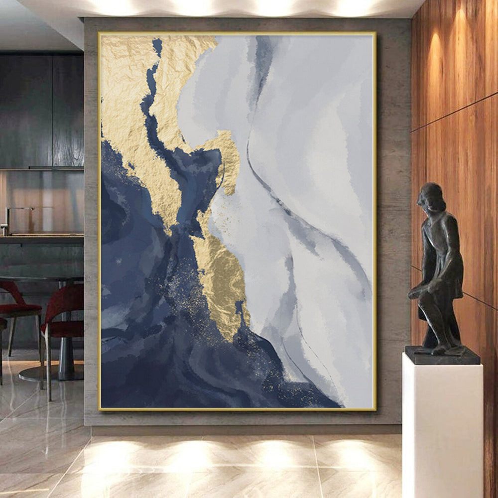 Gaint Canvas Art Blue, Gray, and Gold Abstract Marble Painting For Sale HS084