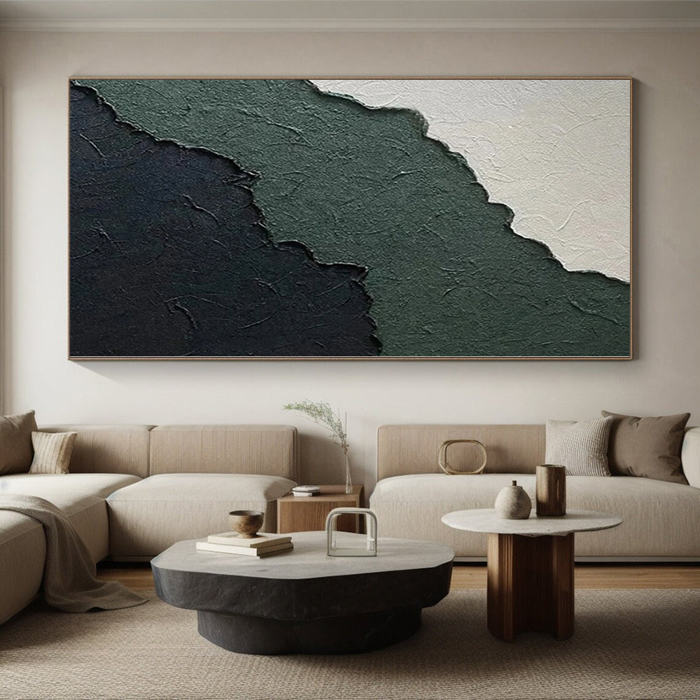 Hand-Painted Green, Black, and White Textured Abstract Layer Painting For Sale HS047