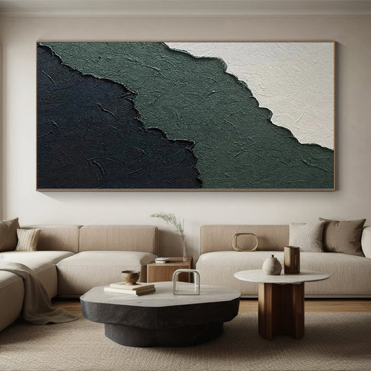 Hand-Painted Green, Black, and White Textured Abstract Layer Painting For Sale HS047