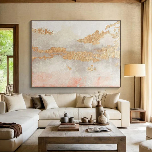 Oversized Canvas Art Gold, Pink and Gray Abstract Textured Painting WB106