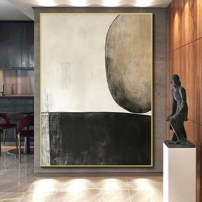 Unique Abstract Art Black, White, and Beige Abstract Organic Shape Painting For Sale HS155