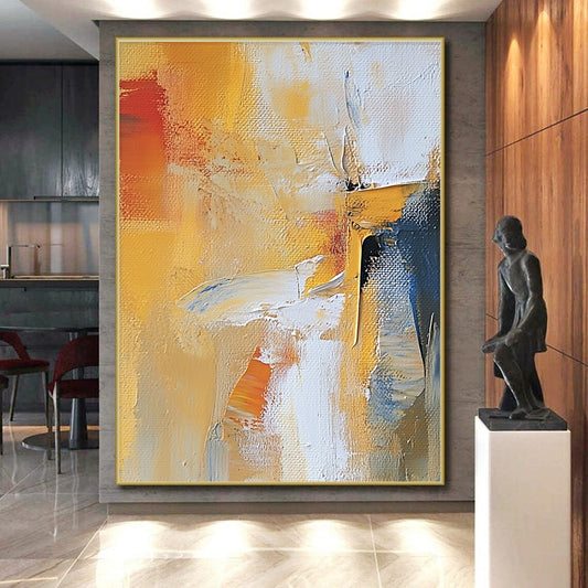 Oversized Abstract Wall Art Yellow, White, and Blue Abstract Expressive Painting For Sale HS148