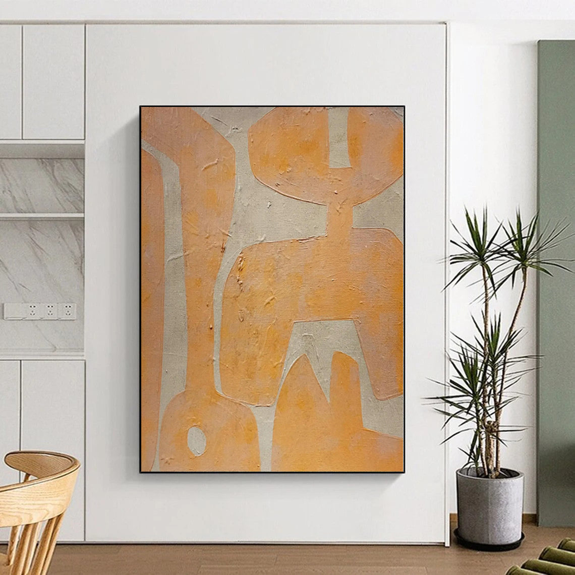 Hand-Painted Orange and Beige Abstract Shaped Painting For Sale HS021