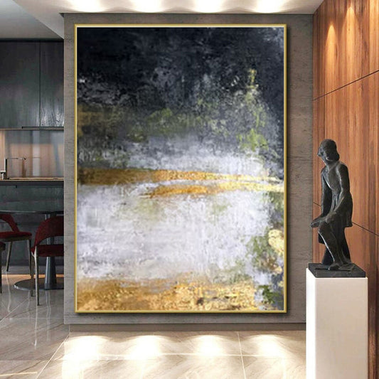 Unique Abstract Art Black, Gold, and Green Textured Abstract Art HS653